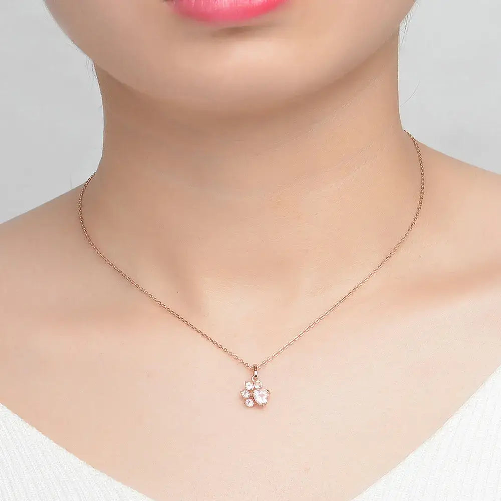 Cute Bear Paw Cat Paw Engagement Gift Natural Gemstone 925 Sterling Silver Pink Rose Quartz  Necklace S925 for Women NI027