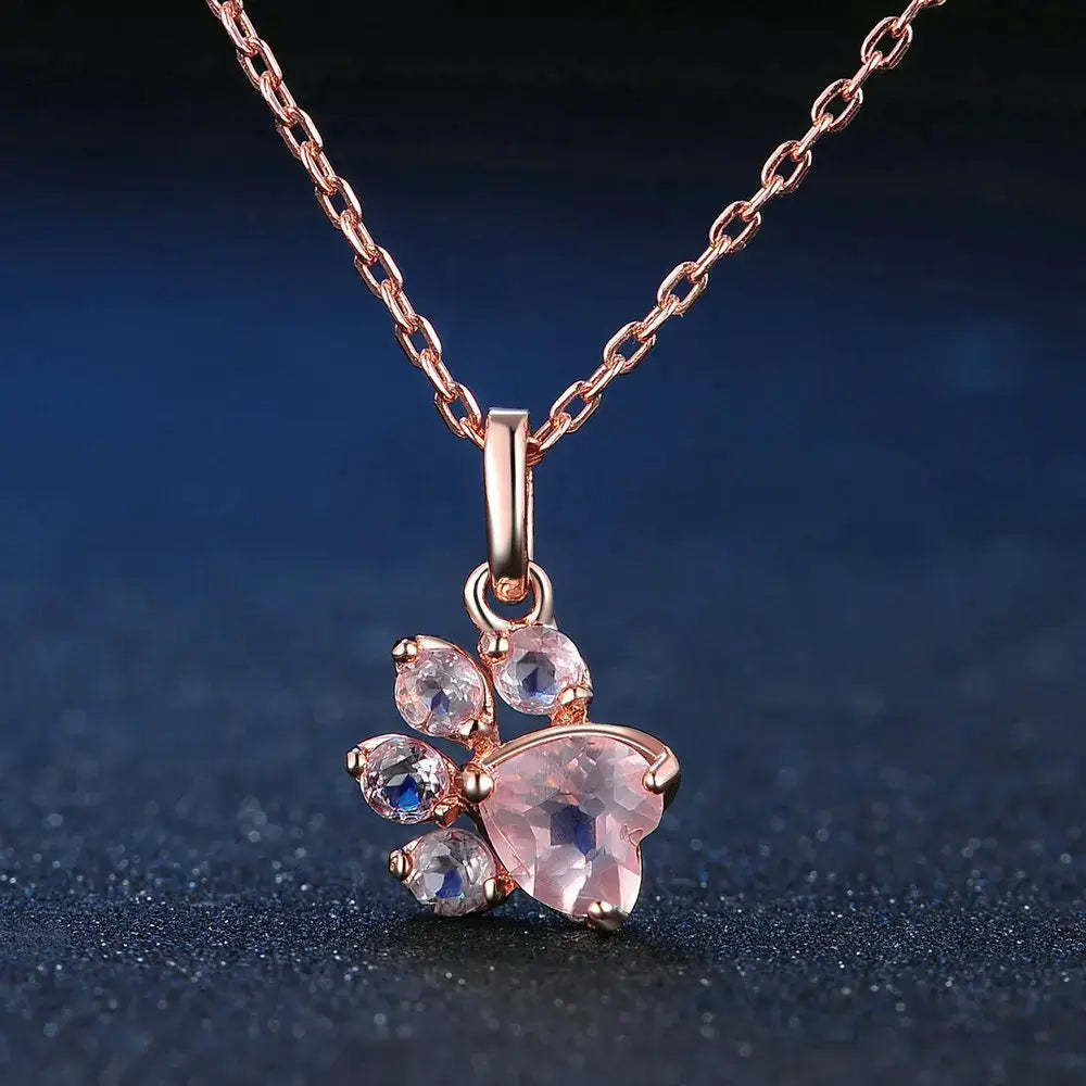Cute Bear Paw Cat Paw Engagement Gift Natural Gemstone 925 Sterling Silver Pink Rose Quartz  Necklace S925 for Women NI027