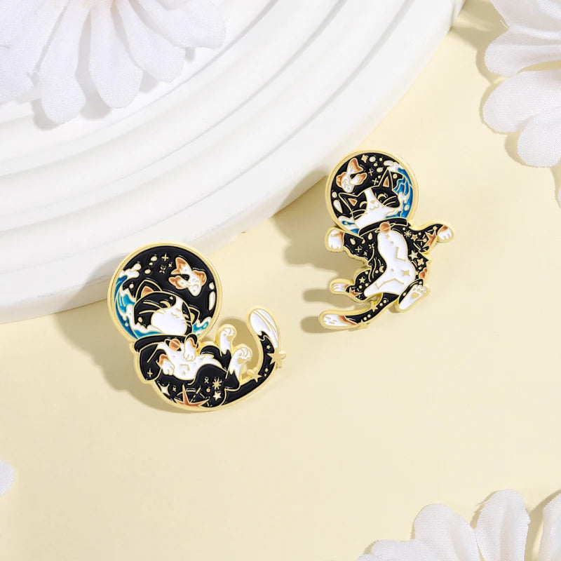 Cartoon Space Astronaut Cat Collection Enamel Pins Cute Cat Constellation And Fish Tank Brooches Lapel Hat Badge Jewelry Gifts